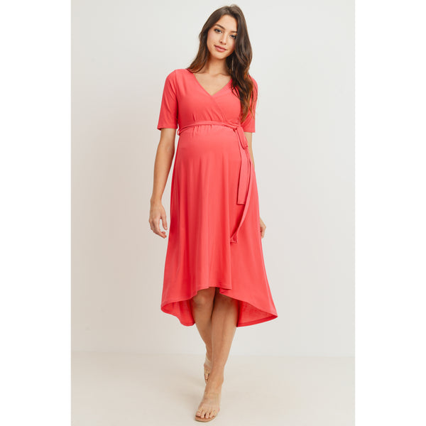 Solid High-Low Maternity/Nursing Dress - Coral