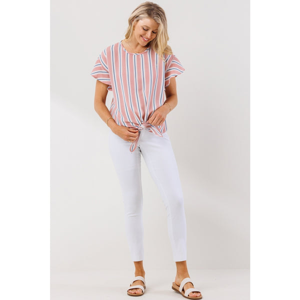 Striped Ruffle Sleeve Keyhole Back Maternity Top - Pink