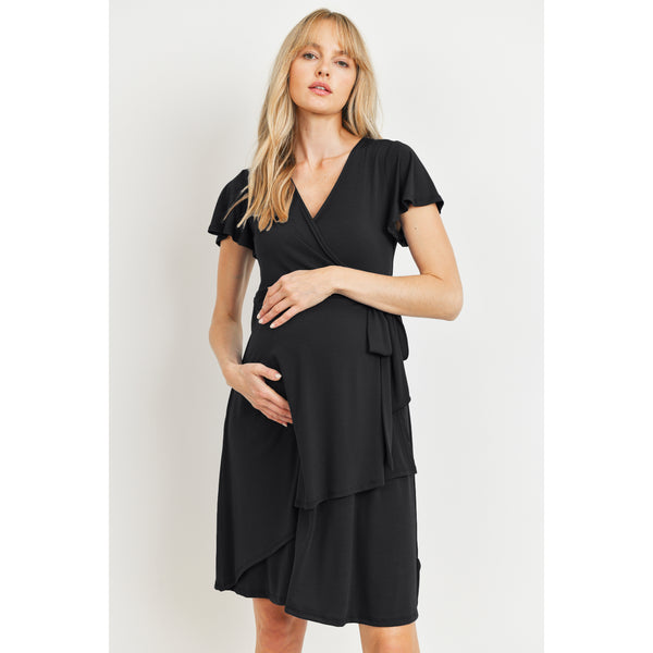 Slinky Jersey Surplice Maternity/Nursing Dress - Black