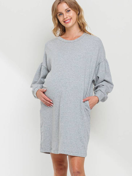 Crew Neck Maternity Sweater Dress with Pockets - Heather Grey