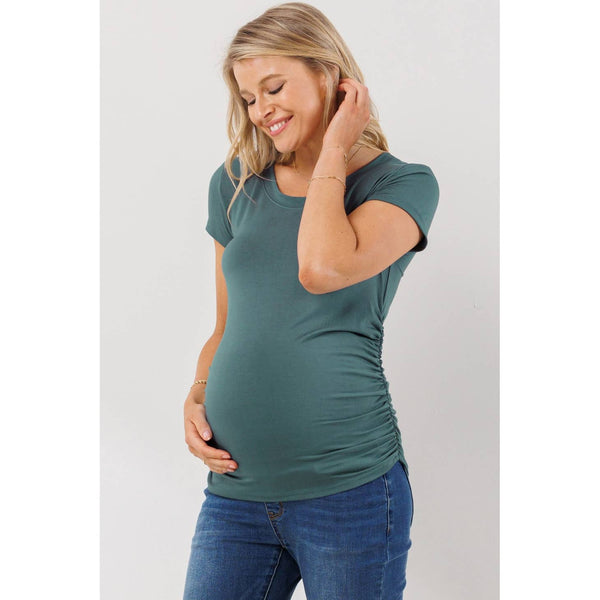 Round Neck Ruched Maternity Top - Sea Blue