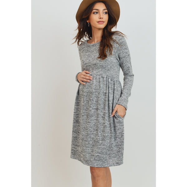 Long Sleeve Front Pleat Side Pocket Dress - Heather Grey