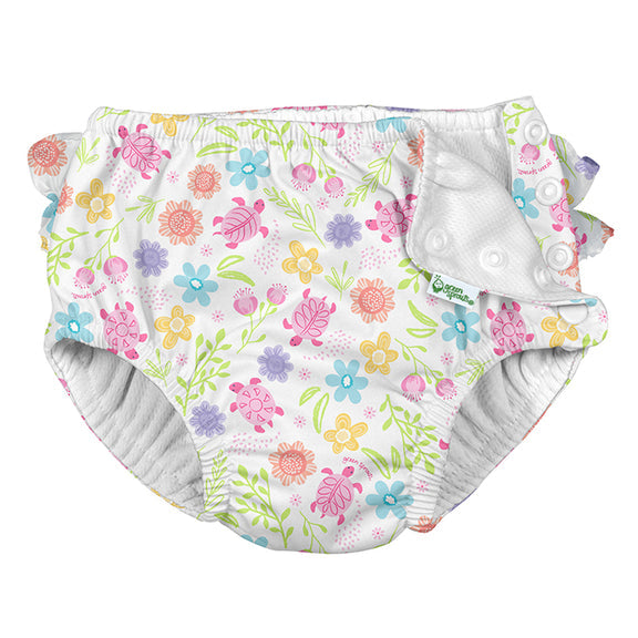 Ruffle Snap Reusable Absorbent Swimsuit Diaper - White Turtle Floral