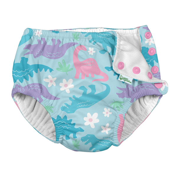 Snap Reusable Absorbent Swimsuit Diaper - Light Aqua Dinosaurs