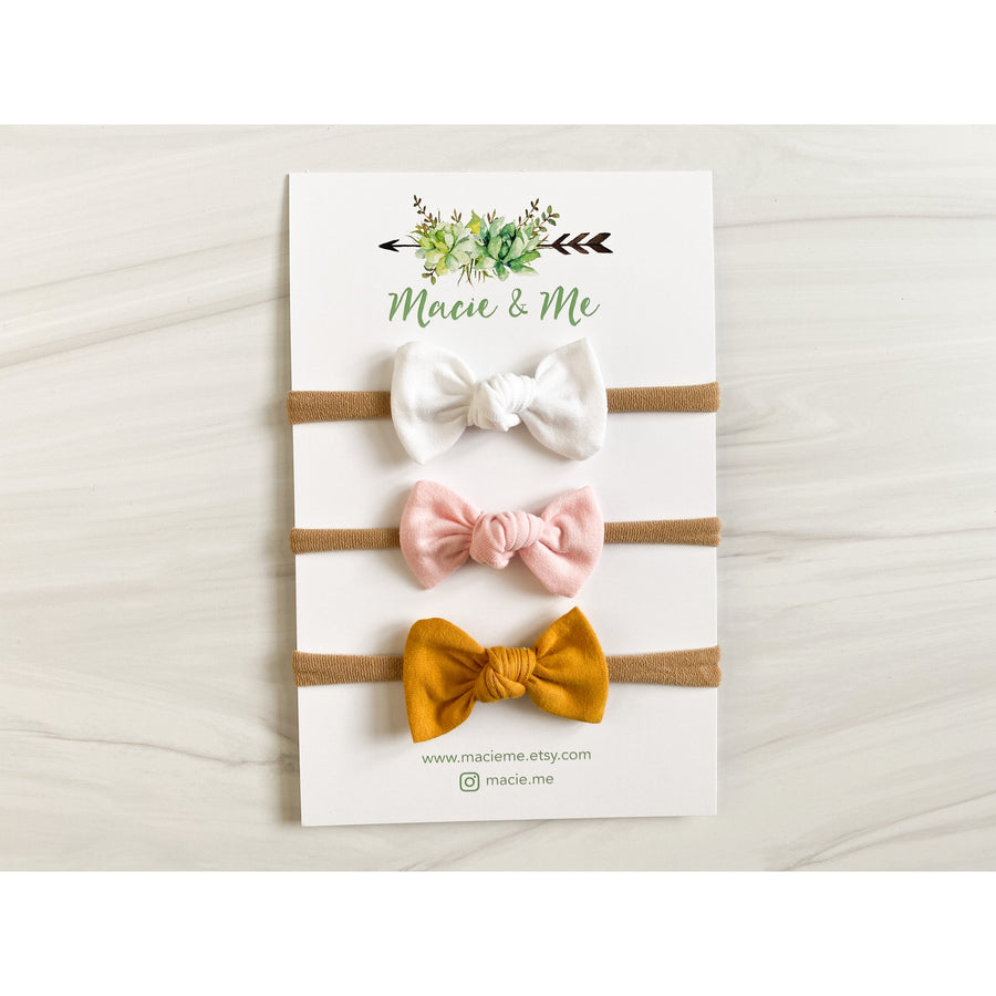 Set of 3 Tied Bows on Nylon Headbands - White, Pink, and Mustard