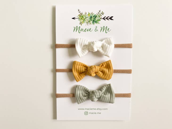 Set of 3 Tied Bows on Nylon Headbands - White, Yellow, and Mint Ribbed