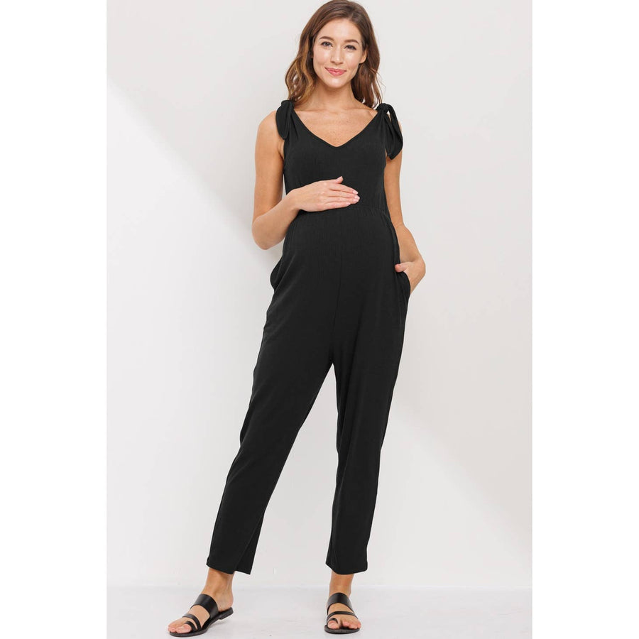 Adjustable Tie Sleeve Maternity Jumpsuit - Black