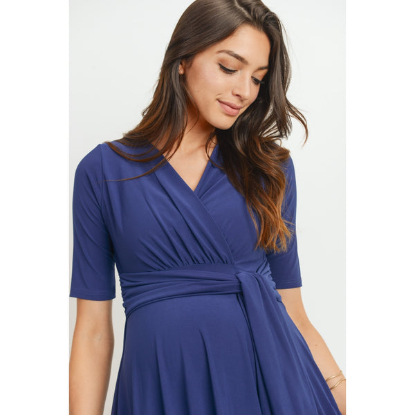 Solid Side Tie Maternity/Nursing Dress - Navy