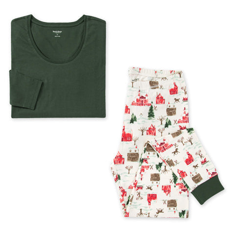 Women's Scoop Neck Tee & Pant PJ Set - Holiday Village