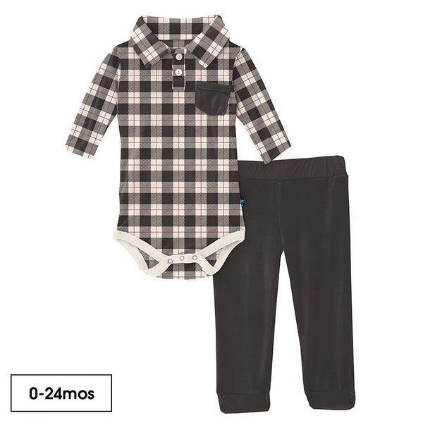 Long Sleeve Polo Pocket One Piece and Pant Outfit Set - Midnight Holiday Plaid