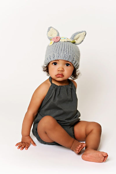 Bailey Bunny Knit Hat - Gray With Flowers