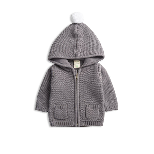 Knitted Hoodie Pom Pom - Soft Grey