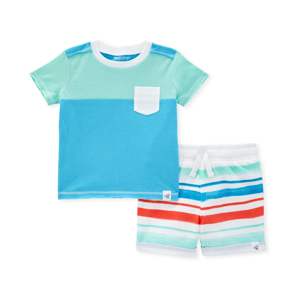 Color Blocked Tee & French Terry Short Set - Fog