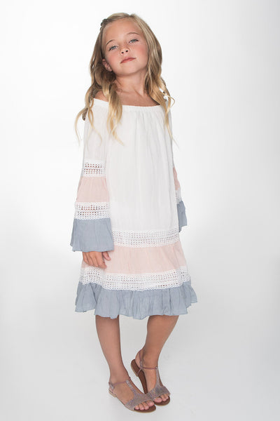 Lace Detail Swing Dress - Off White, Pink, and Blue