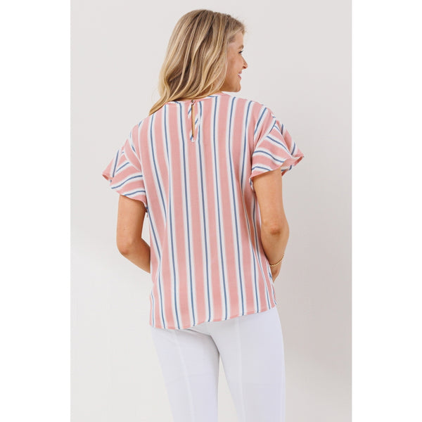 Striped Ruffle Sleeve Keyhole Back Maternity Top - Pink