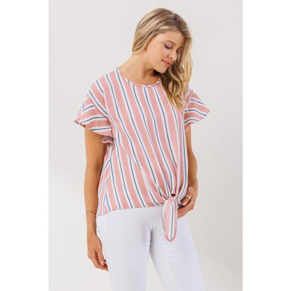 Striped Ruffle Sleeve Keyhole Back Maternity Top - Pink