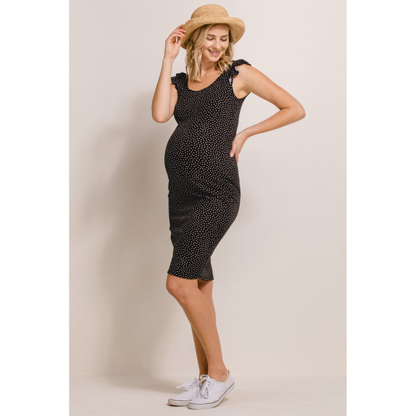 Polka Dot Rib Ruffle Sleeve Maternity Dress