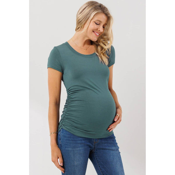 Round Neck Ruched Maternity Top - Sea Blue