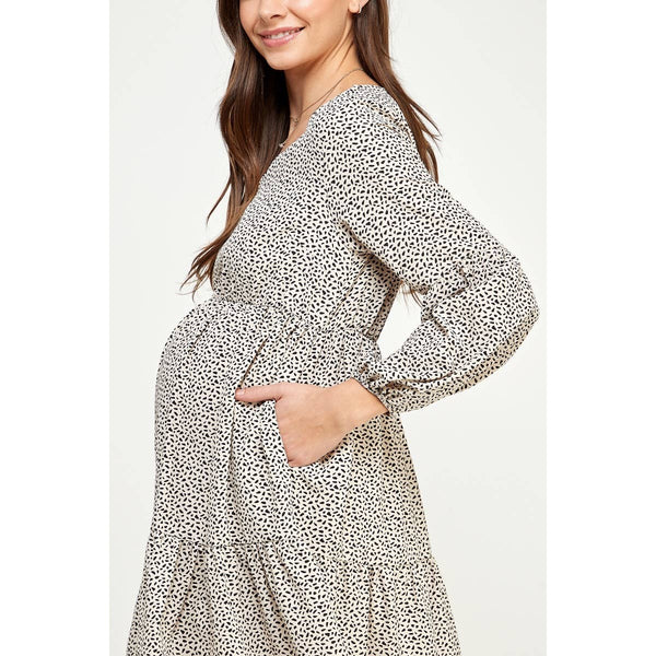 Peasant Sleeve Baby Doll Maternity Mini Dress - Taupe