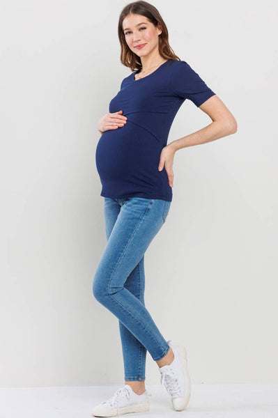 Ribbed Double Layered Maternity/Nursing Top - Navy