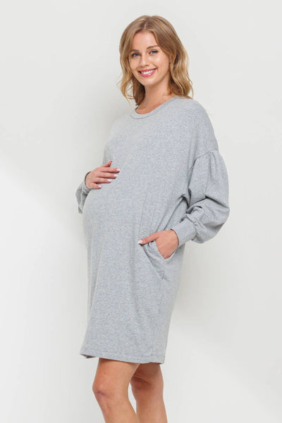 Crew Neck Maternity Sweater Dress with Pockets - Heather Grey