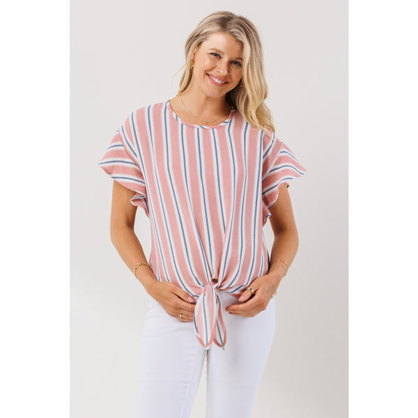 Striped Ruffle Sleeve Keyhole Back Maternity Top - Pink