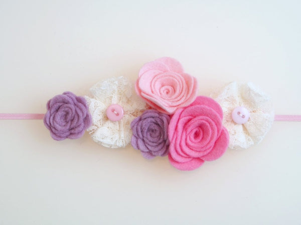 Felt and Lace Flowers Headband (Various Colors)