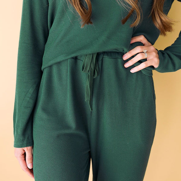 Women's Long Sleeve Scoop Neck and Jogger Loungewear - Hunter Green Waffle