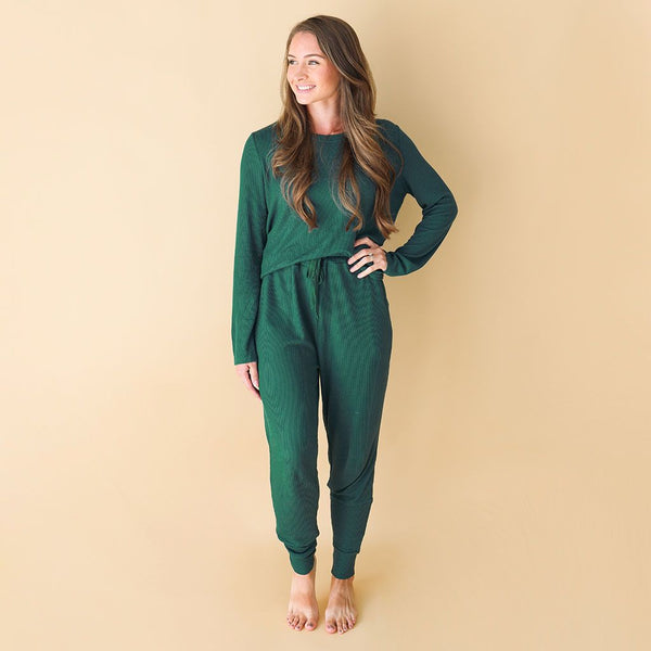 Women's Long Sleeve Scoop Neck and Jogger Loungewear - Hunter Green Waffle