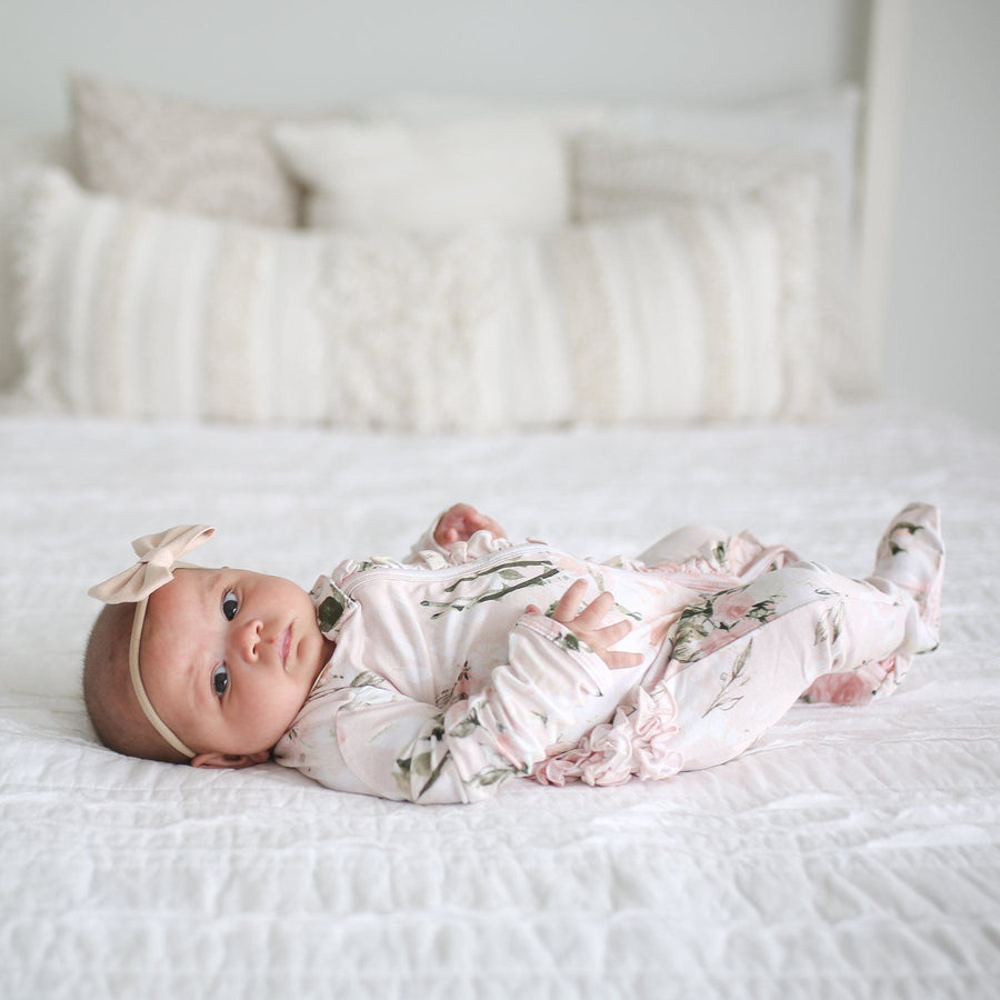 Ruffled Zippered Footie - Vintage Pink Rose