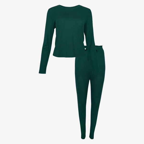 Women's Long Sleeve Scoop Neck and Jogger Loungewear - Hunter Green Waffle