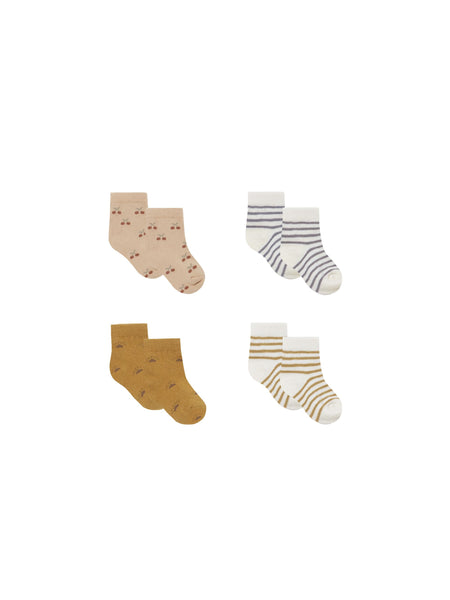 4 Pack of Printed Socks - Cherries, Ocre Stripe, Suns, Indigo Stripe