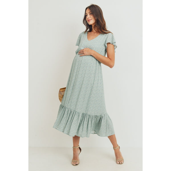 Flutter Sleeve V-Neck Maternity Ruffle Midi Dress