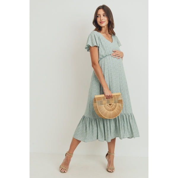 Rayon Gauze V-Neck Maternity Ruffle Dress - Blue