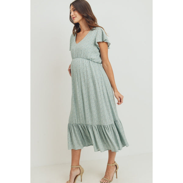 Flutter Sleeve V-Neck Maternity Ruffle Midi Dress