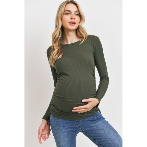 Long Sleeve Adjustable Drawstring Ribbed Maternity Top - Olive