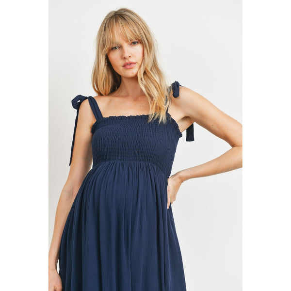 Tie Shoulder Sleeveless Smocked Maternity Dress - Navy