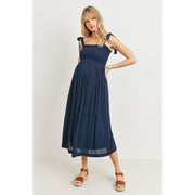 Tie Shoulder Sleeveless Smocked Maternity Dress - Navy