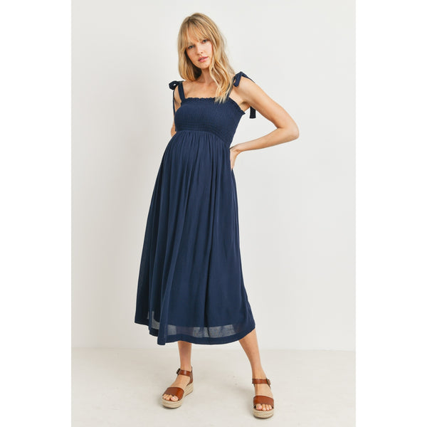 Tie Shoulder Sleeveless Smocked Maternity Dress - Navy