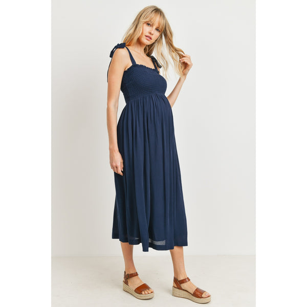 Tie Shoulder Sleeveless Smocked Maternity Dress - Navy