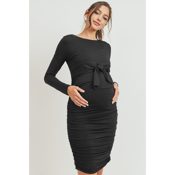 Rayon Modal Front Tie Maternity-Nursing Dress - Black
