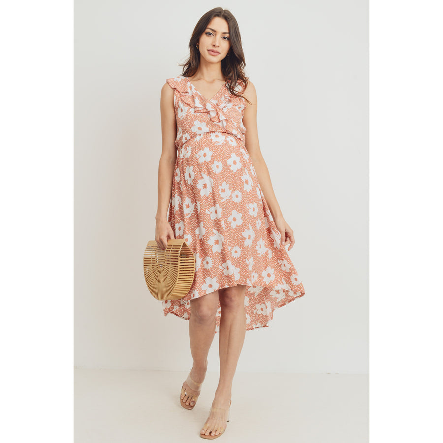 Ruffled Hi Low Floral Maternity Dress - Rust