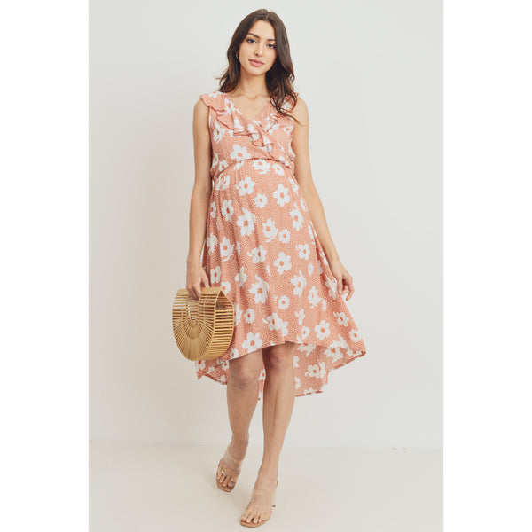 Ruffled Hi Low Floral Maternity Dress - Rust