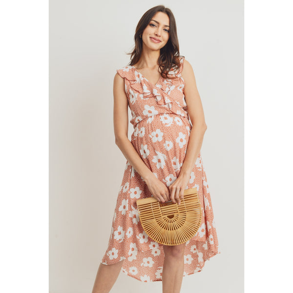 Ruffled Hi Low Floral Maternity Dress - Rust