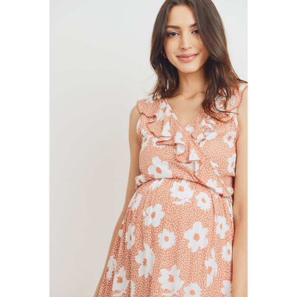 Ruffled Hi Low Floral Maternity Dress - Rust