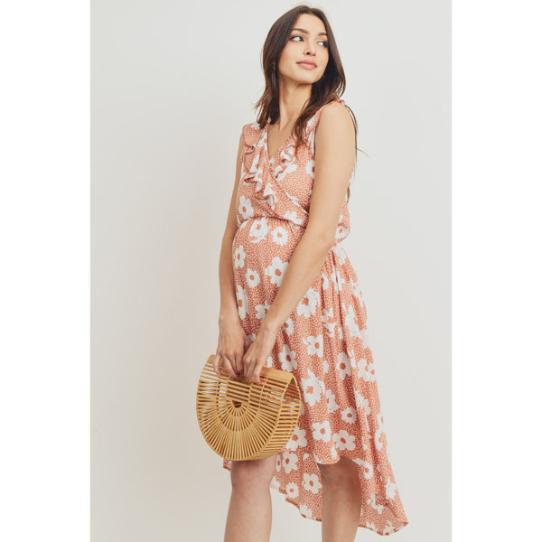 Ruffled Hi Low Floral Maternity Dress - Rust
