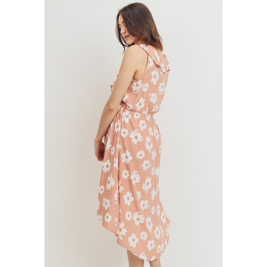Ruffled Hi Low Floral Maternity Dress - Rust