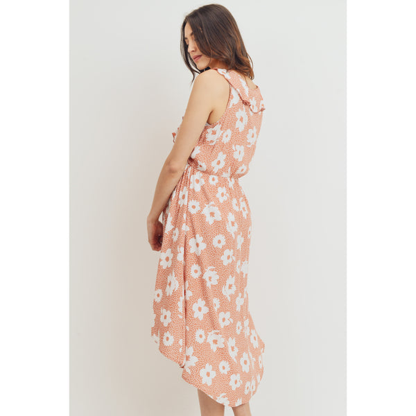 Ruffled Hi Low Floral Maternity Dress - Rust