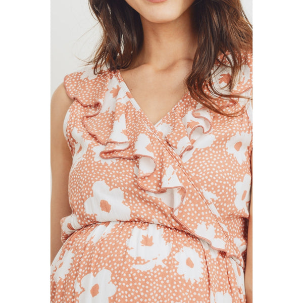 Ruffled Hi Low Floral Maternity Dress - Rust