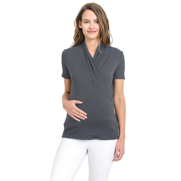 Solid Wrap Maternity/Nursing Top - Dark Grey